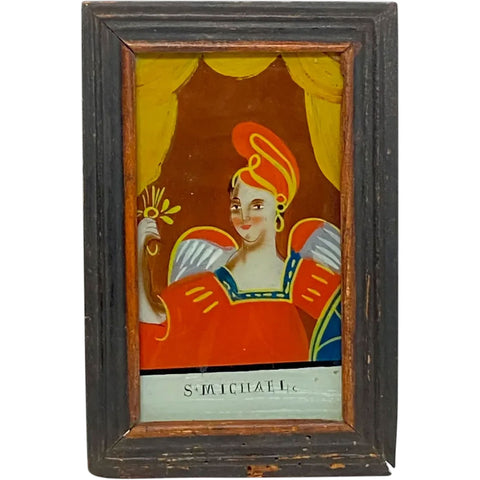 Small European Folk Art Reverse Painted Glass Archangel Saint Michael Painting