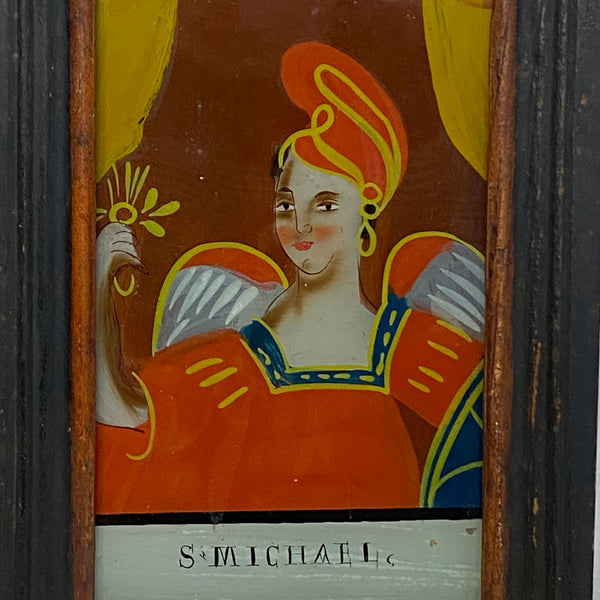 Small European Folk Art Reverse Painted Glass Archangel Saint Michael Painting