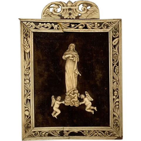 French School Bone Devotional Icon Wall Plaque, Madonna and Cherubs