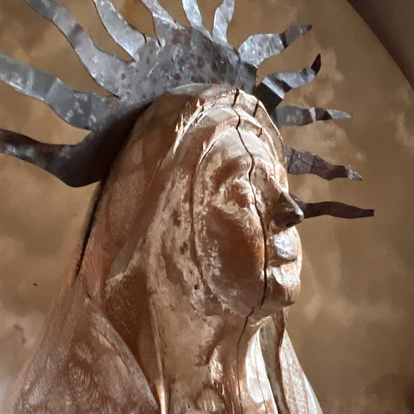 Large Mexican Folk Art Bleached Wood and Tin Halo Virgin Mary Santo