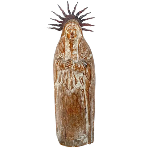 Large Mexican Folk Art Bleached Wood and Tin Halo Virgin Mary Santo
