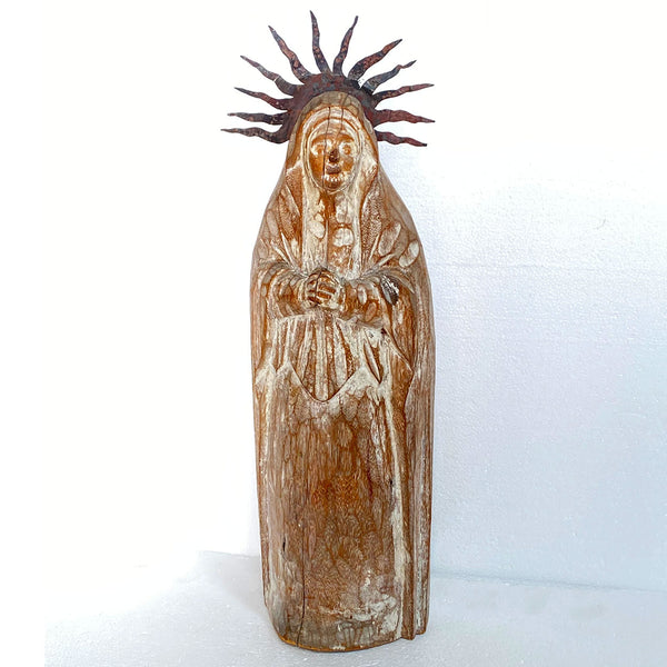 Large Mexican Folk Art Bleached Wood and Tin Halo Virgin Mary Santo