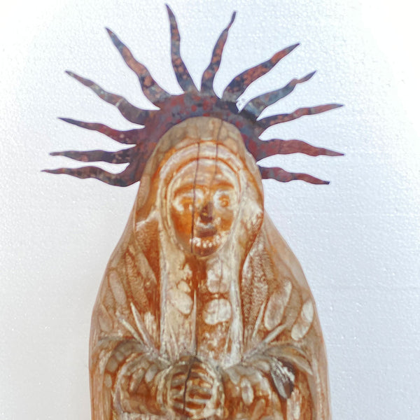 Large Mexican Folk Art Bleached Wood and Tin Halo Virgin Mary Santo