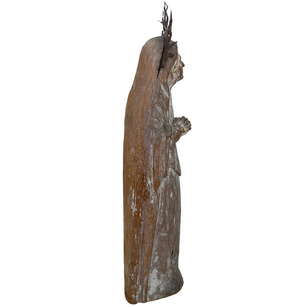 Large Mexican Folk Art Bleached Wood and Tin Halo Virgin Mary Santo