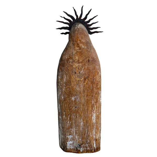 Large Mexican Folk Art Bleached Wood and Tin Halo Virgin Mary Santo