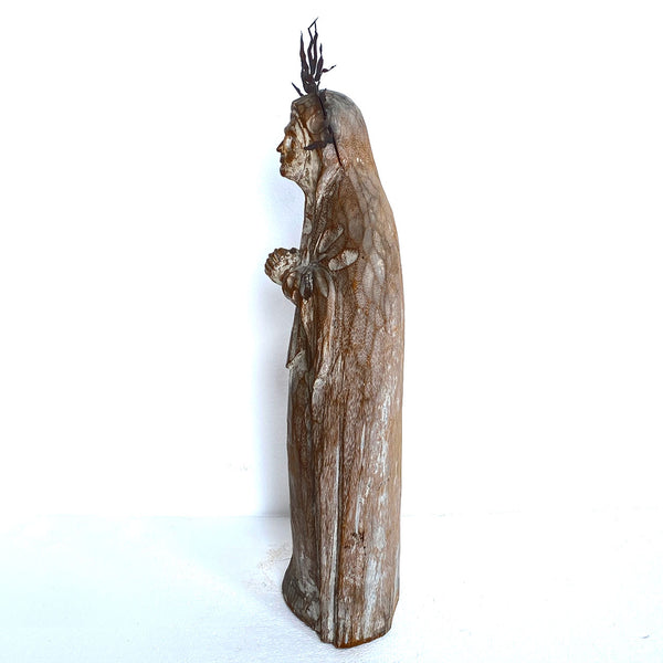 Large Mexican Folk Art Bleached Wood and Tin Halo Virgin Mary Santo