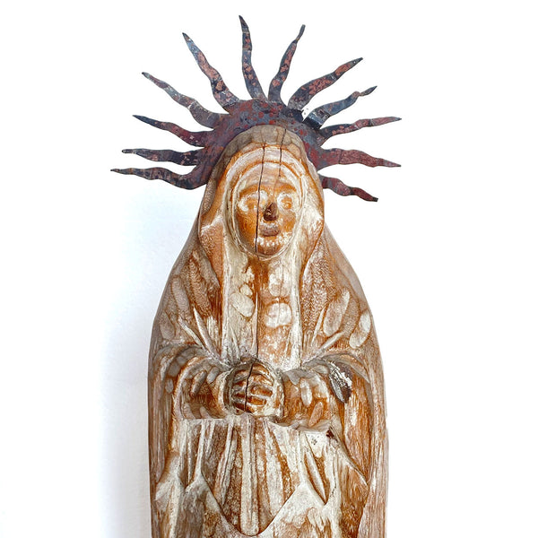 Large Mexican Folk Art Bleached Wood and Tin Halo Virgin Mary Santo
