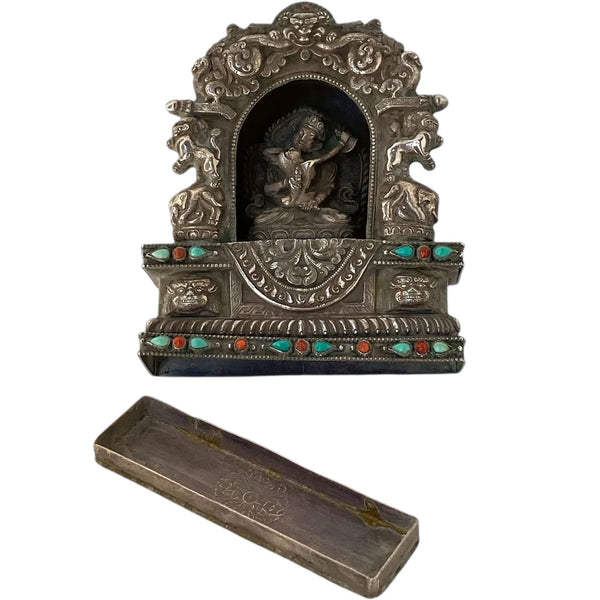 Tibetan Buddhist Beaded Coin Silver Devotional Portable Shrine (Ghau Box)