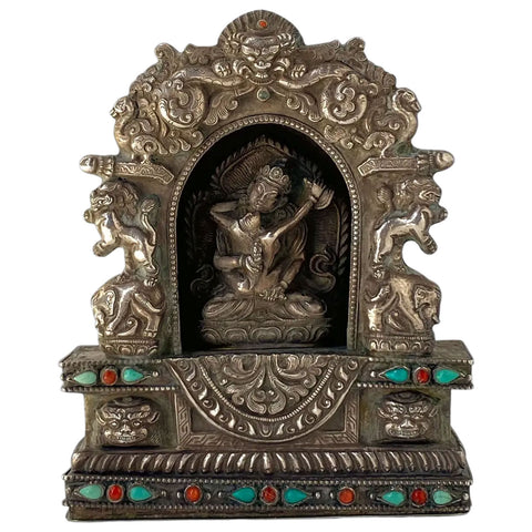 Tibetan Buddhist Beaded Coin Silver Devotional Portable Shrine (Ghau Box)