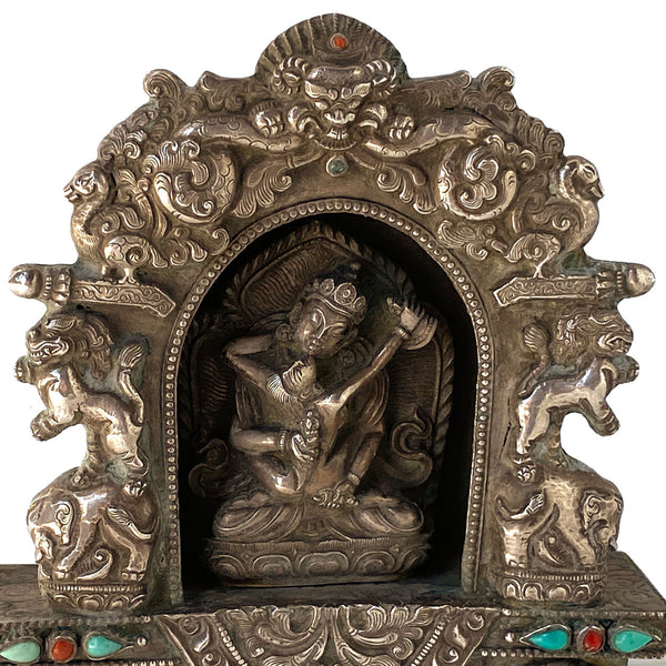 Tibetan Buddhist Beaded Coin Silver Devotional Portable Shrine (Ghau Box)