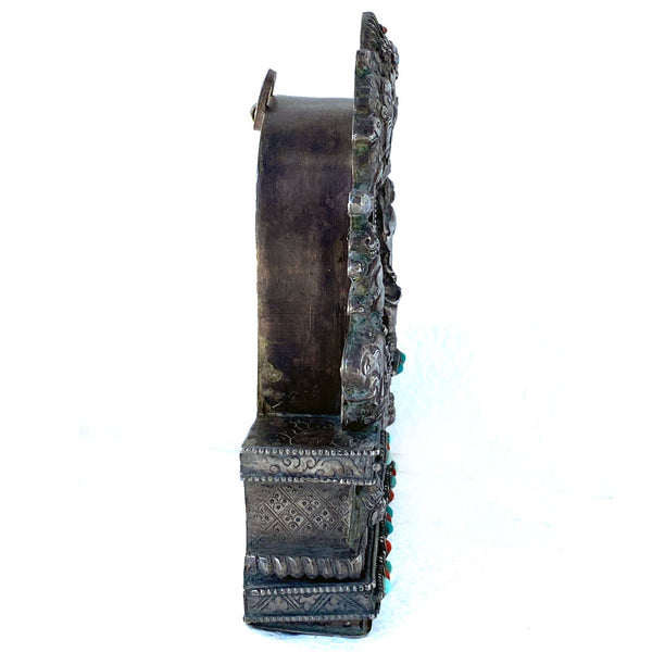 Tibetan Buddhist Beaded Coin Silver Devotional Portable Shrine (Ghau Box)