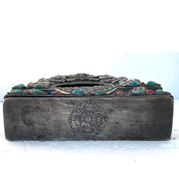 Tibetan Buddhist Beaded Coin Silver Devotional Portable Shrine (Ghau Box)