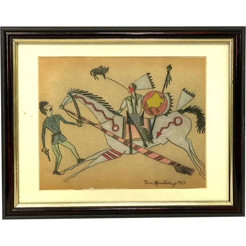Native American TOM MOONSKY Ledger Drawing on Paper, War Scene