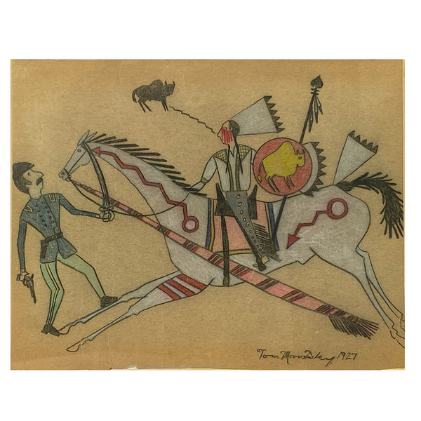 Native American TOM MOONSKY Ledger Drawing on Paper, War Scene