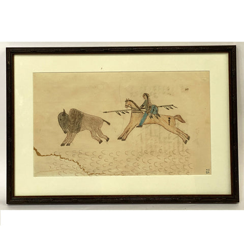 Native American Plains Indian Ledger Drawing on Paper, Buffalo Hunt