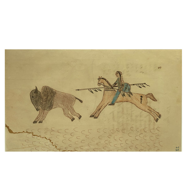 Native American Plains Indian Ledger Drawing on Paper, Buffalo Hunt