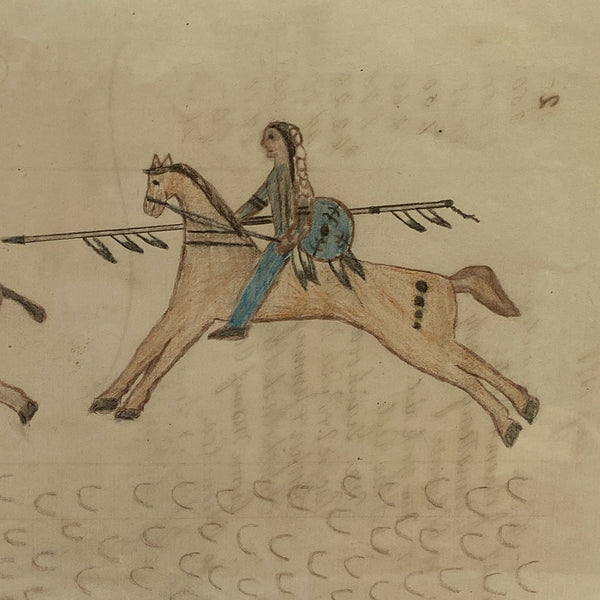 Native American Plains Indian Ledger Drawing on Paper, Buffalo Hunt