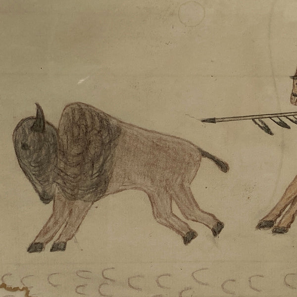 Native American Plains Indian Ledger Drawing on Paper, Buffalo Hunt