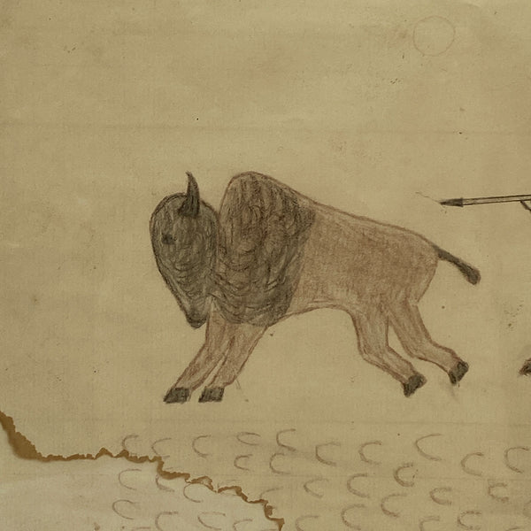 Native American Plains Indian Ledger Drawing on Paper, Buffalo Hunt