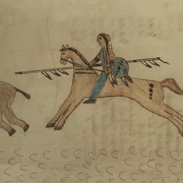 Native American Plains Indian Ledger Drawing on Paper, Buffalo Hunt