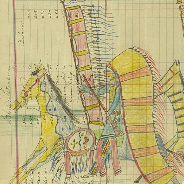 Native American Northern Sioux Ledger Drawing, Warriors on Horseback