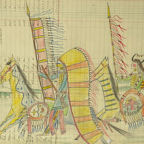 Native American Northern Sioux Ledger Drawing, Warriors on Horseback