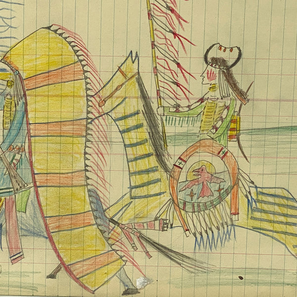 Native American Northern Sioux Ledger Drawing, Warriors on Horseback