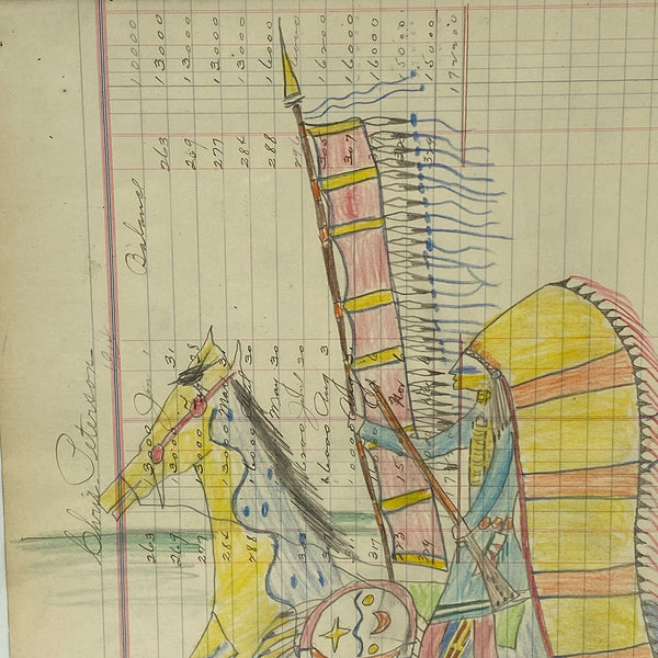 Native American Northern Sioux Ledger Drawing, Warriors on Horseback