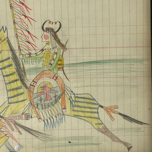 Native American Northern Sioux Ledger Drawing, Warriors on Horseback