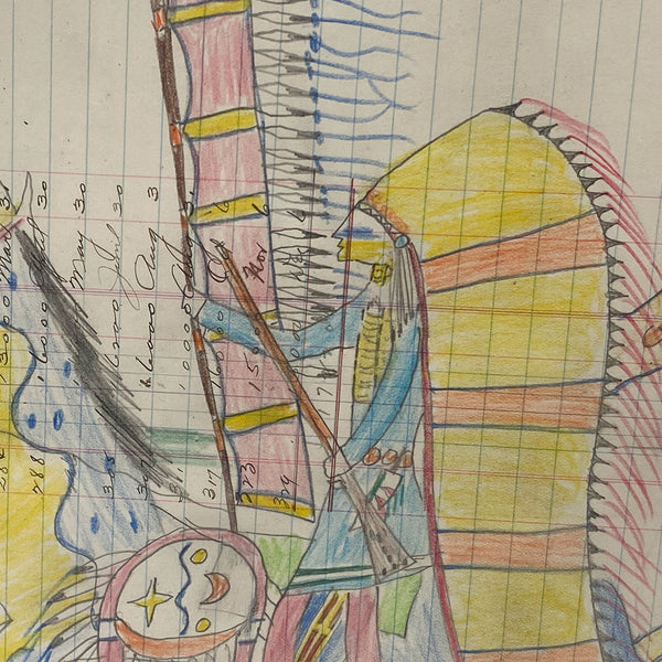 Native American Northern Sioux Ledger Drawing, Warriors on Horseback