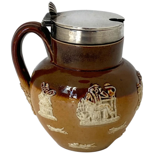 English Royal Doulton Lambeth Sterling Silver Mounted Saltglaze Pottery Mustard Pot