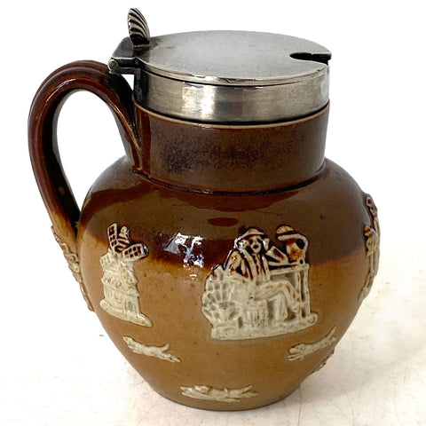 English Royal Doulton Lambeth Sterling Silver Saltglaze Pottery Mustard Pot