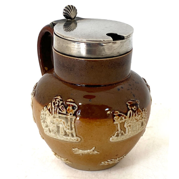 English Royal Doulton Lambeth Sterling Silver Mounted Saltglaze Pottery Mustard Pot