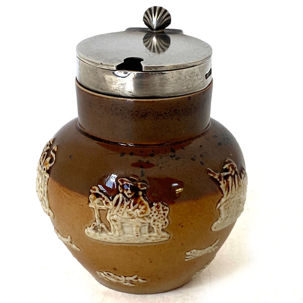 English Royal Doulton Lambeth Sterling Silver Mounted Saltglaze Pottery Mustard Pot