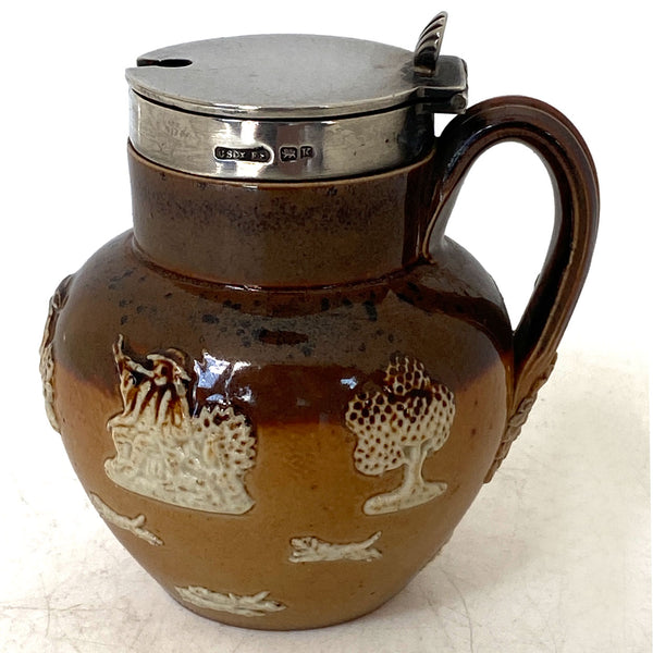 English Royal Doulton Lambeth Sterling Silver Mounted Saltglaze Pottery Mustard Pot