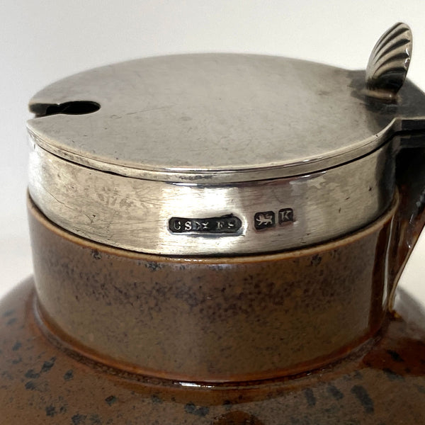 English Royal Doulton Lambeth Sterling Silver Mounted Saltglaze Pottery Mustard Pot