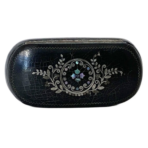 Small English Victorian Papier-Mache Inlaid  Mother-of-Pearl Snuff Box