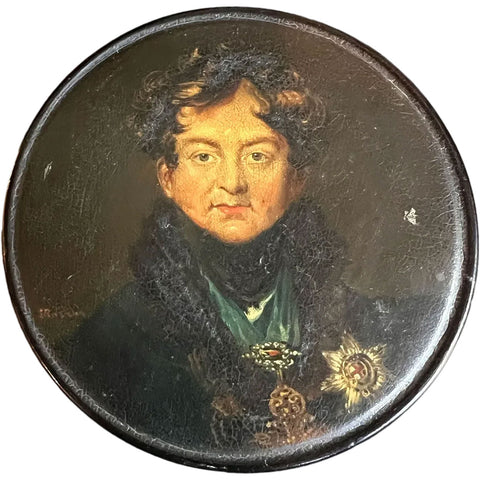 SAMUEL RAVEN Antique Papier-Mache Snuff Box, King George IV Portrait after Thomas Lawrence
