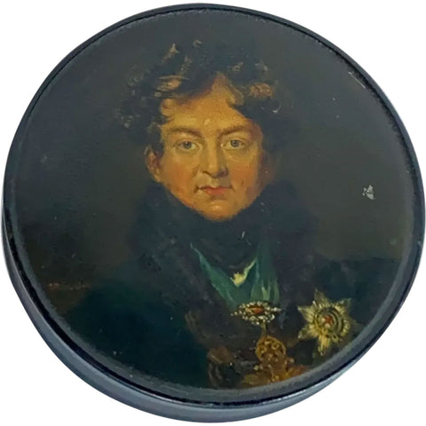 SAMUEL RAVEN Papier-Mache Snuff Box, Portrait King George IV after Thomas Lawrence