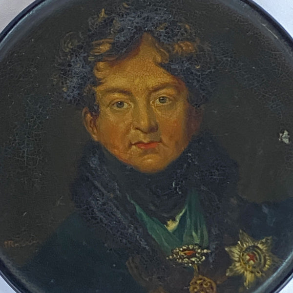 SAMUEL RAVEN Papier-Mache Snuff Box, Portrait King George IV after Thomas Lawrence