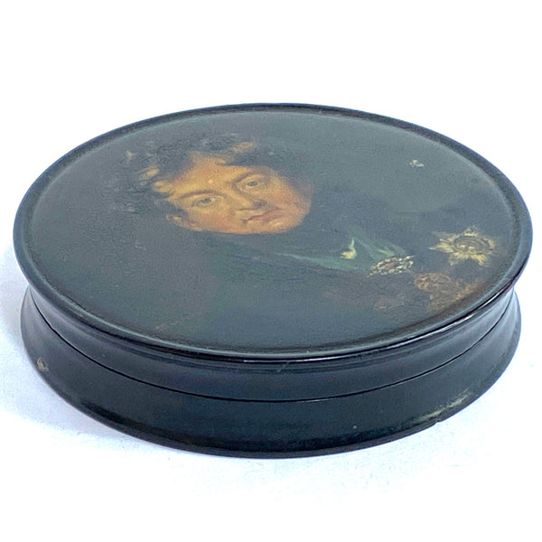 SAMUEL RAVEN Papier-Mache Snuff Box, Portrait King George IV after Thomas Lawrence
