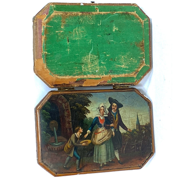 German Painted, Lacquered Tooled Leather Sewing Box / Etui