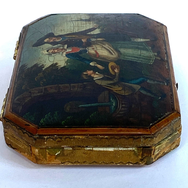 German Painted, Lacquered Tooled Leather Sewing Box / Etui
