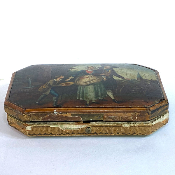 German Painted, Lacquered Tooled Leather Sewing Box / Etui