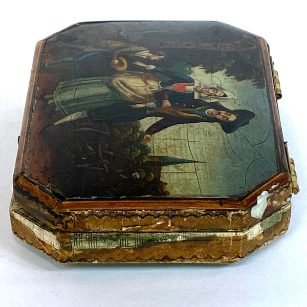 German Painted, Lacquered Tooled Leather Sewing Box / Etui