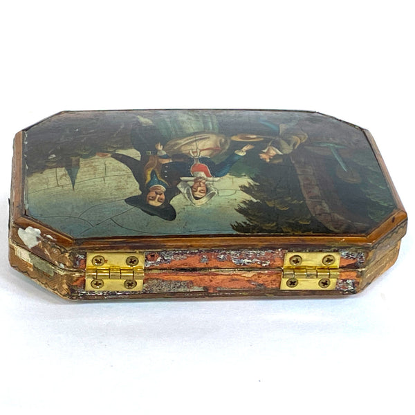German Painted, Lacquered Tooled Leather Sewing Box / Etui