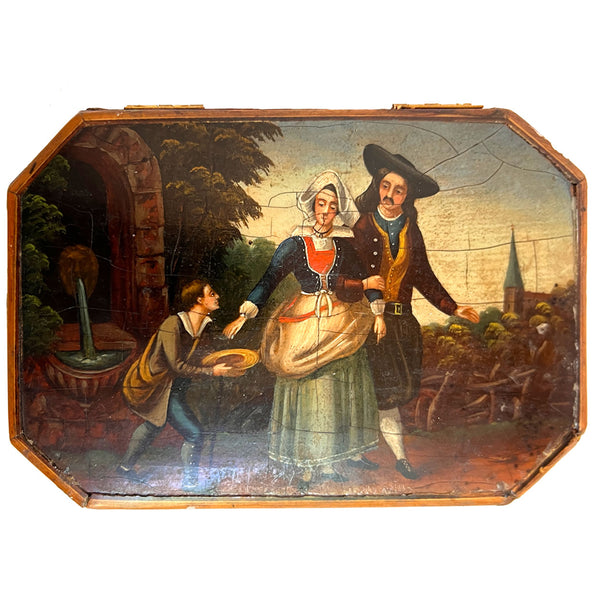 German Painted, Lacquered Tooled Leather Sewing Box / Etui