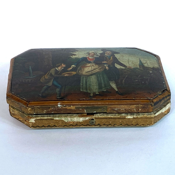 German Painted, Lacquered Tooled Leather Sewing Box / Etui