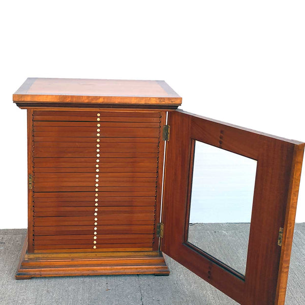 Flemish Burled Birch Glazed Door Microscope Slide Table Cabinet