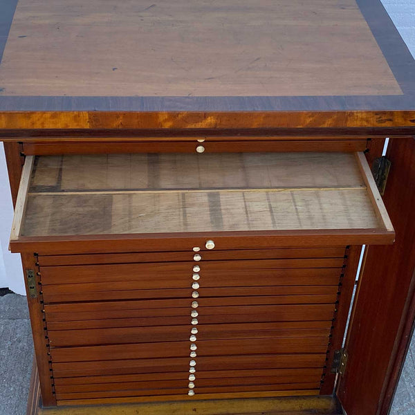 Flemish Burled Birch Glazed Door Microscope Slide Table Cabinet